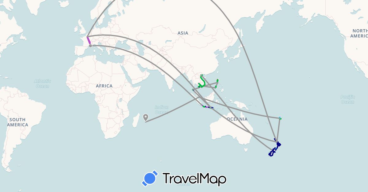 TravelMap itinerary: driving, bus, plane, cycling, train, hiking, boat, motorbike in Fiji, France, Indonesia, Cambodia, Mauritius, New Zealand, Philippines, Réunion, Singapore, Thailand, Vietnam (Africa, Asia, Europe, Oceania)