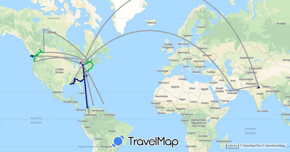 TravelMap itinerary: driving, bus, plane, boat in United Arab Emirates, Aruba, Canada, Colombia, India, Saint Lucia, United States (Asia, North America, South America)